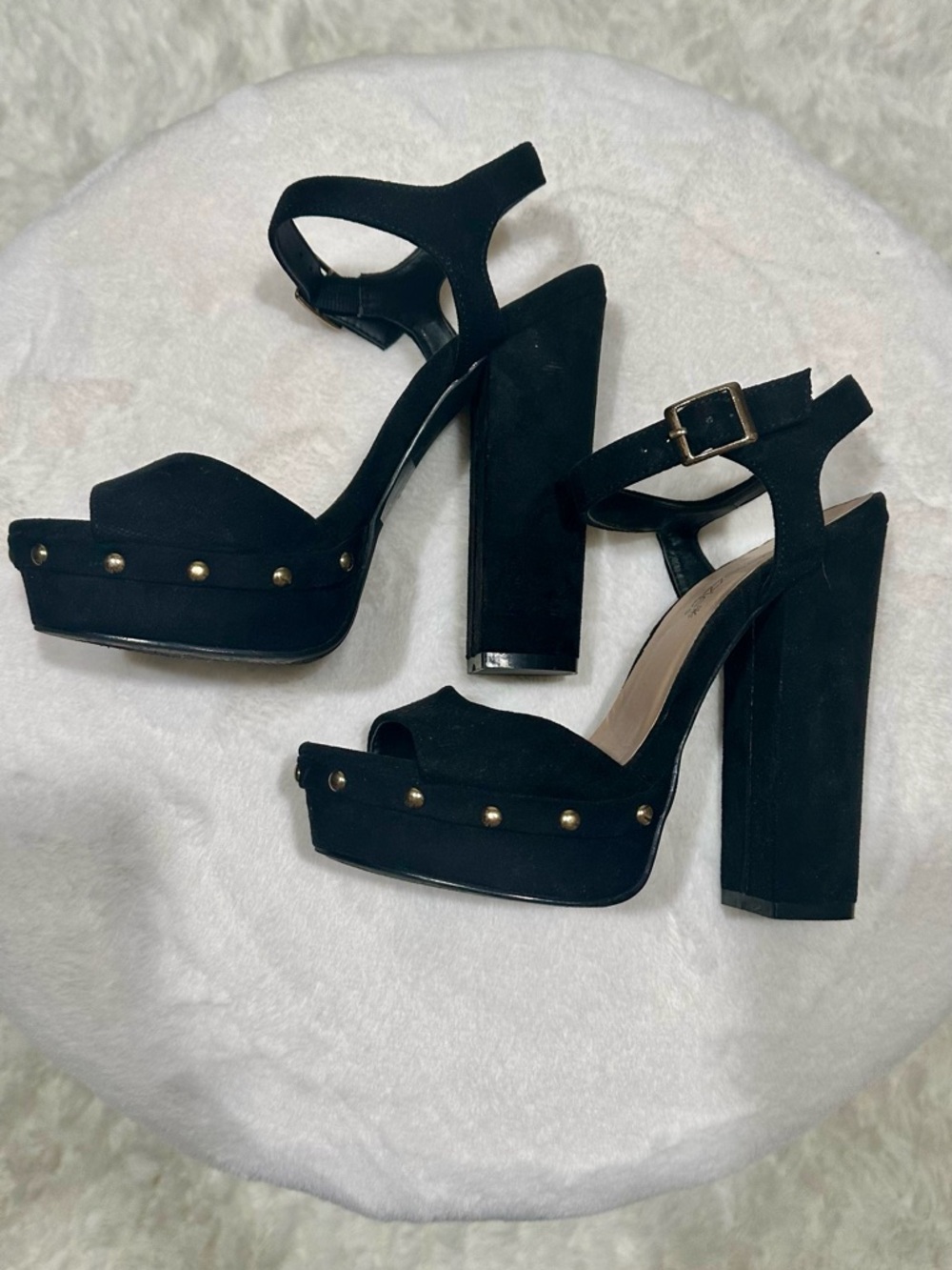 Shoe Dazzle Black Suede Ankle-Strap Block Heels with Gold Buckle
